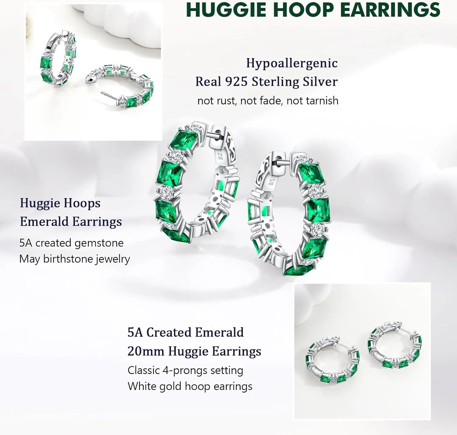 Women's Small Huggie Hoop Earrings - 925 Sterling Silver Chunky Hoops with Ruby, Sapphire, Emerald, Amethyst Gemstones