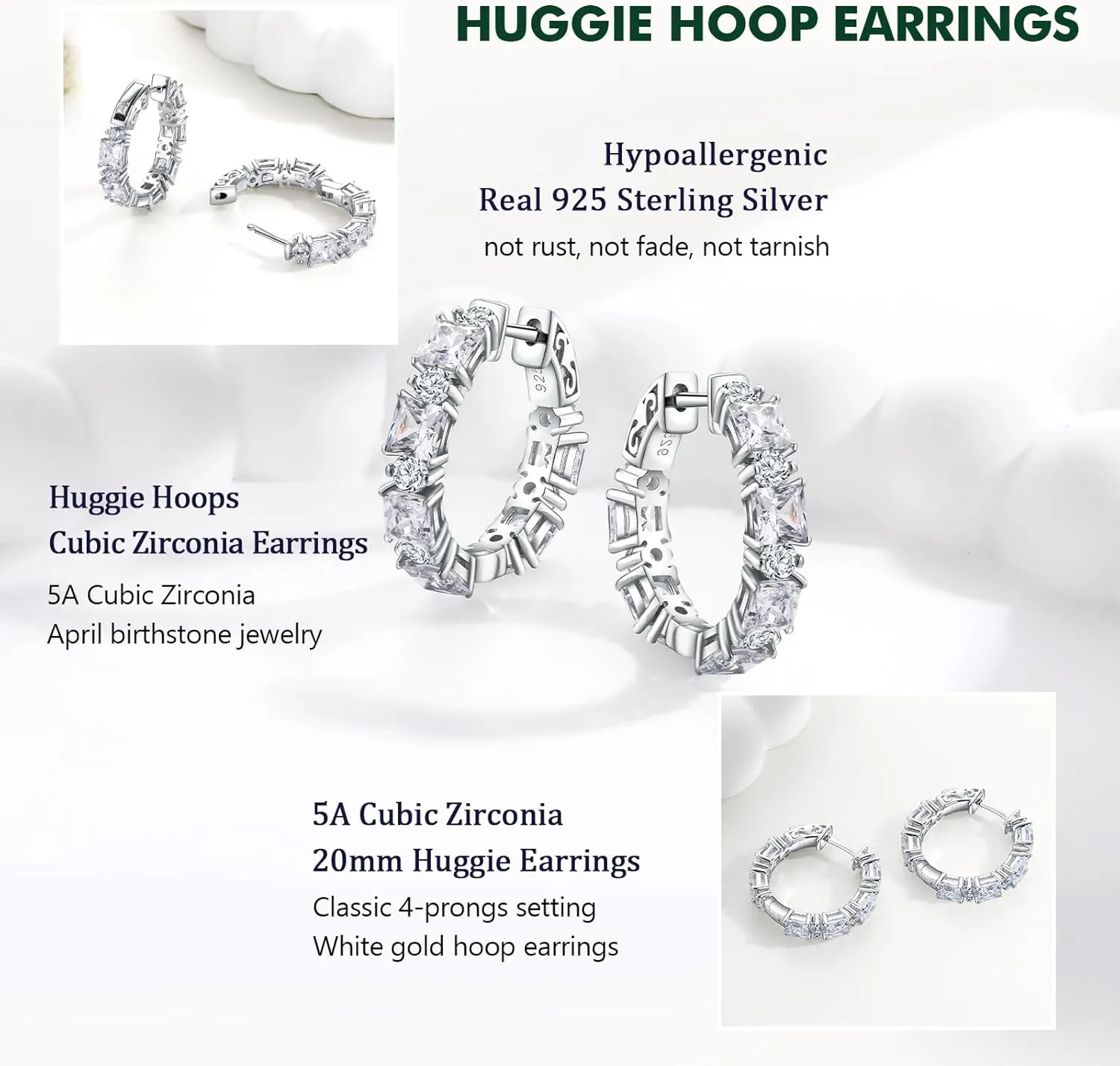 Women's Small Huggie Hoop Earrings - 925 Sterling Silver Chunky Hoops with Ruby, Sapphire, Emerald, Amethyst Gemstones