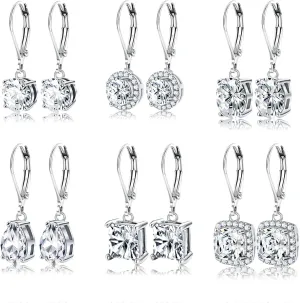YADOCA 4/6 Pairs Silver Dangle Earrings for Women CZ Dangle Earrings Set Hypoallergenic Round Square Teardrop Cubic Zirconia Opal Leverback Earrings