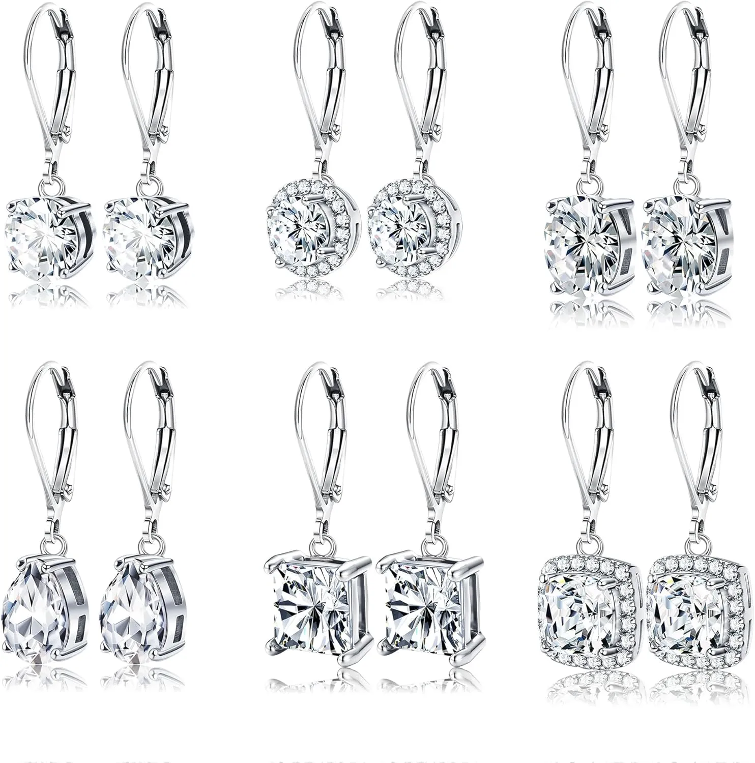 YADOCA 4/6 Pairs Silver Dangle Earrings for Women CZ Dangle Earrings Set Hypoallergenic Round Square Teardrop Cubic Zirconia Opal Leverback Earrings