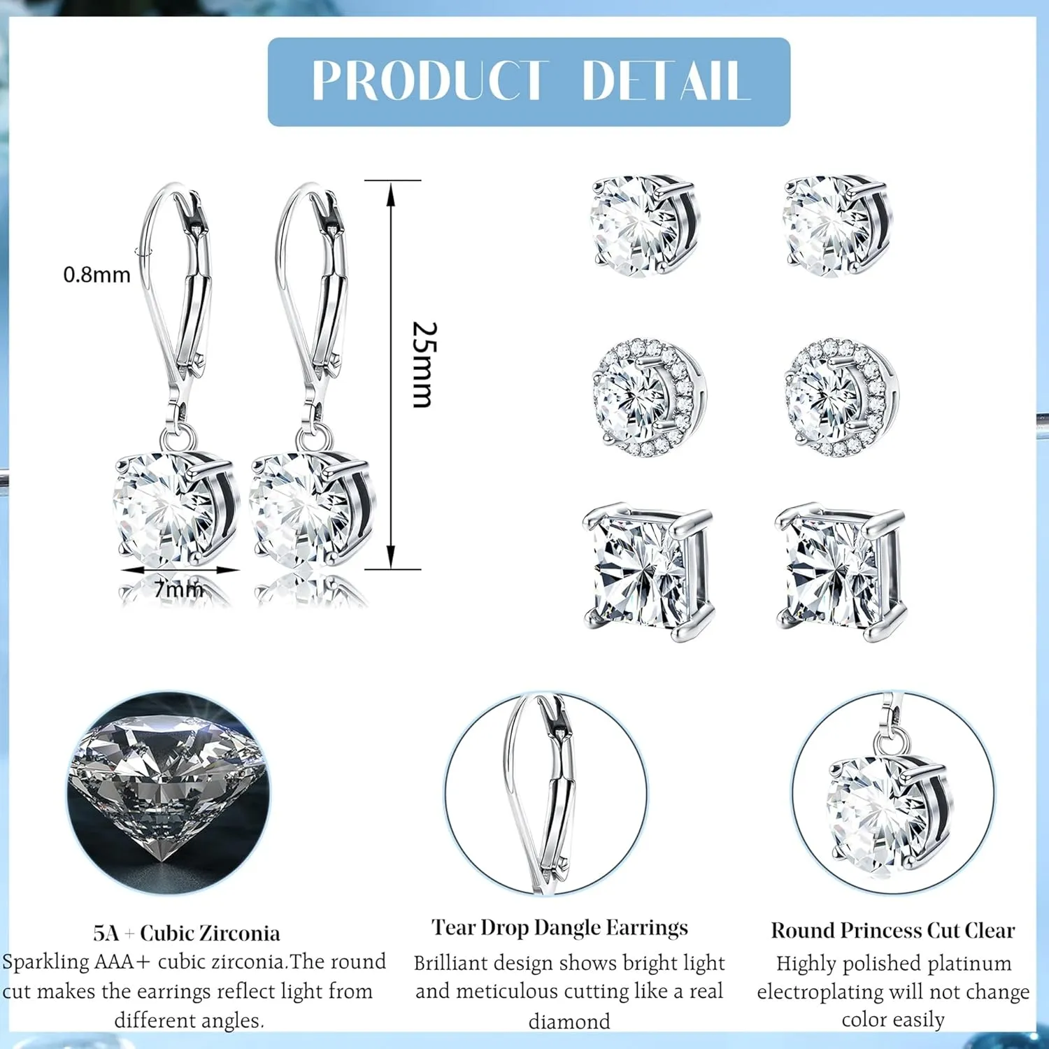 YADOCA 4/6 Pairs Silver Dangle Earrings for Women CZ Dangle Earrings Set Hypoallergenic Round Square Teardrop Cubic Zirconia Opal Leverback Earrings