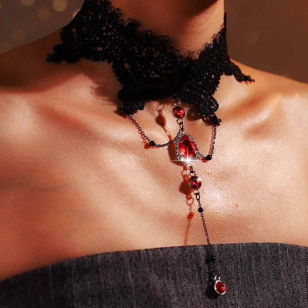 Yalice Black Lace Choker Gothic Rhinestone Pendant Y Necklace Victorian Crystal Collar Chokers Vintage Costume Halloween Jewelry for Women