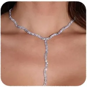 YERTTER Vintage Ice-outed Y Choker Rhinestone Silver Chain Long Tassel Collar Choker Necklace Adjustable Chain for Party Music Club Women (Silver 3)