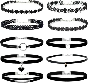 YOKER 10 Pcs Black Necklaces for Women Adjustable Layered Velvet Choker Set Classic Gothic Tattoo Lace Chokers