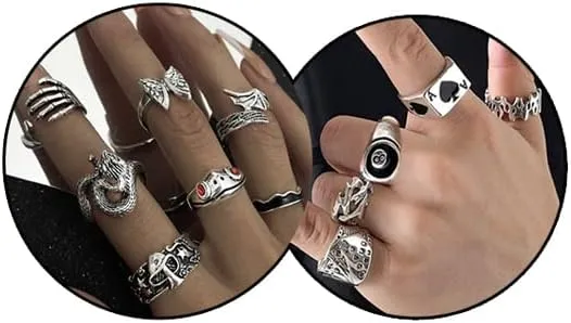 YOOESTORES82 Vintage Silver Mens Rings Fashion Rings,Cool Gothic Ring Set Chunky Stackable Joint Knuckle Rings Retro Skull Snake Rings