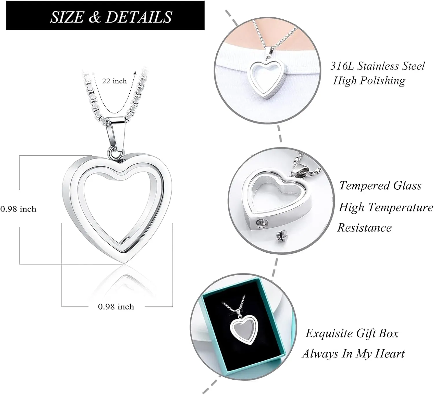 zeqingjw Glass Cremation Jewelry Necklace for Ashes Heart Memorial Lockets for Ashes Stainless Steel Keepsake Urn Ashes Pendants