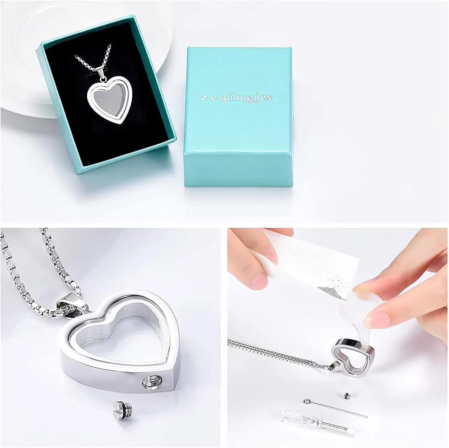 zeqingjw Glass Cremation Jewelry Necklace for Ashes Heart Memorial Lockets for Ashes Stainless Steel Keepsake Urn Ashes Pendants