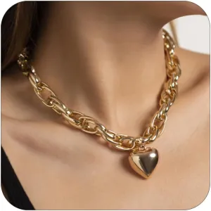 ZMANYIJEW Heart Necklaces Silver Heart Choker Necklace Cuban Chain Heart Necklace Bling Chunky Big Heart Necklace Fashion Heart Shaped Pendant Necklace for Women