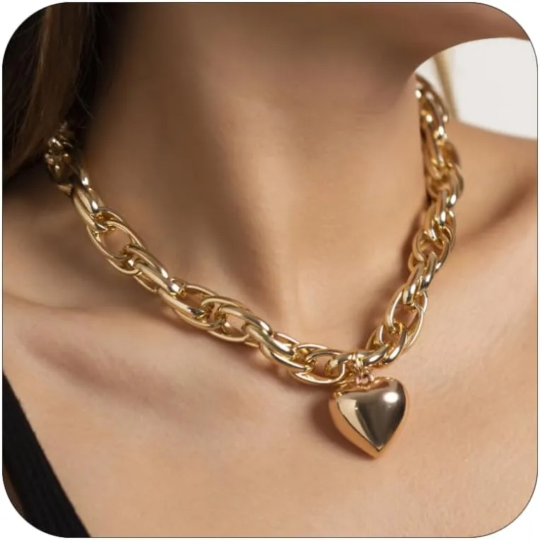 ZMANYIJEW Heart Necklaces Silver Heart Choker Necklace Cuban Chain Heart Necklace Bling Chunky Big Heart Necklace Fashion Heart Shaped Pendant Necklace for Women